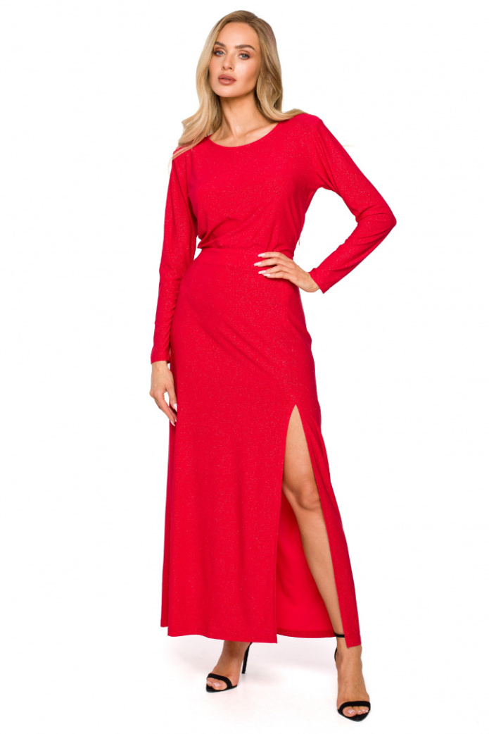 Sukienka maxi z brokatem długi rękaw rozcięcie na nogę czerwona